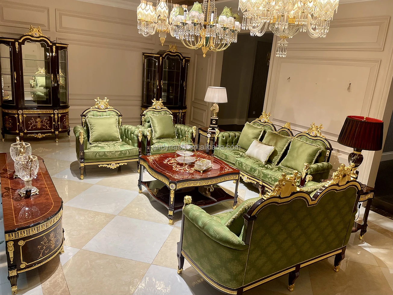 Inlay Sofa Set Hotel Furniture Salon Sofa Classical Luxury Wood Furniture Traditional Style Mother of Pearl Carved Gilded Brass