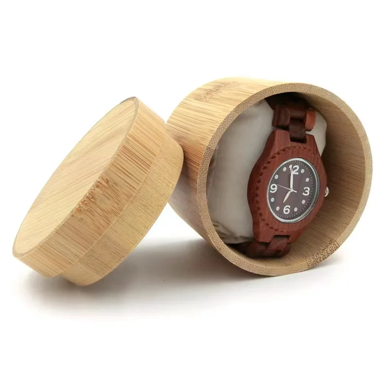 Wholesale New round Bamboo Wooden Watch Box Cases Handmade Recyclable Timber Custom Logo Varnishing for Spice Craft Packaging