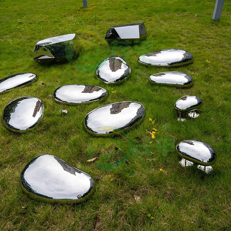 Factory Wholesale Garden Metal Geometric Stone Decoration European Courtyard Lawn Home Art Stainless Steel Cobblestone Sculpture