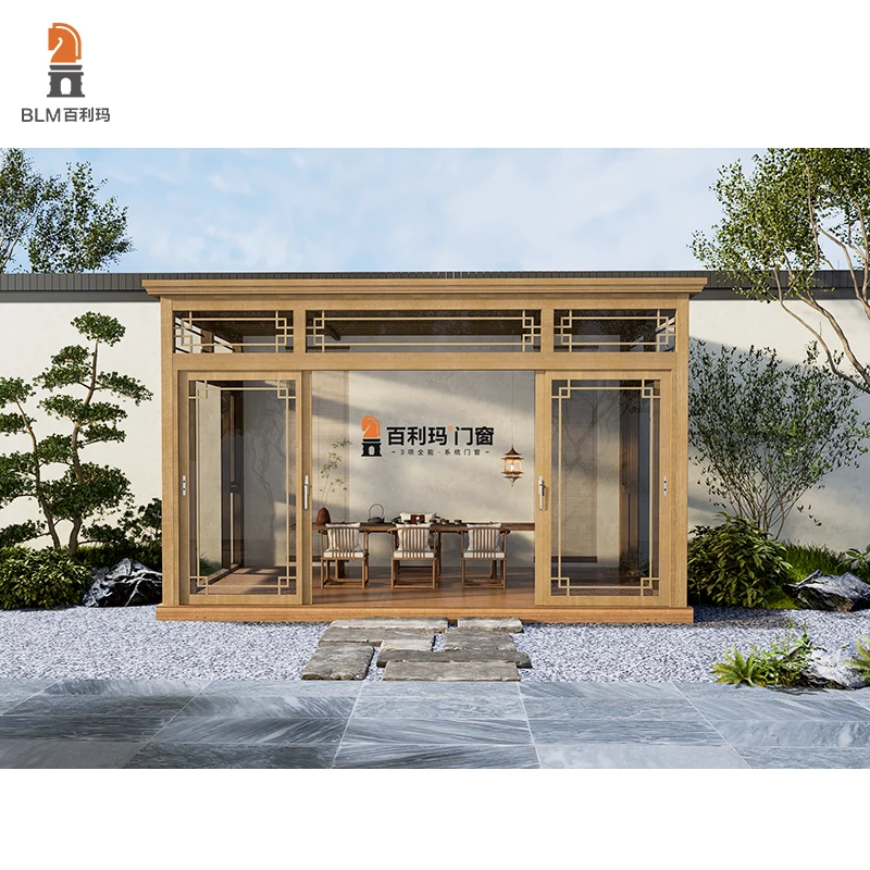 Modern Villa Solarium Veranda Two Layers Tempered Glass Free-Standing Conservatory Sunroom Insulating Glass Roof Graphic Design