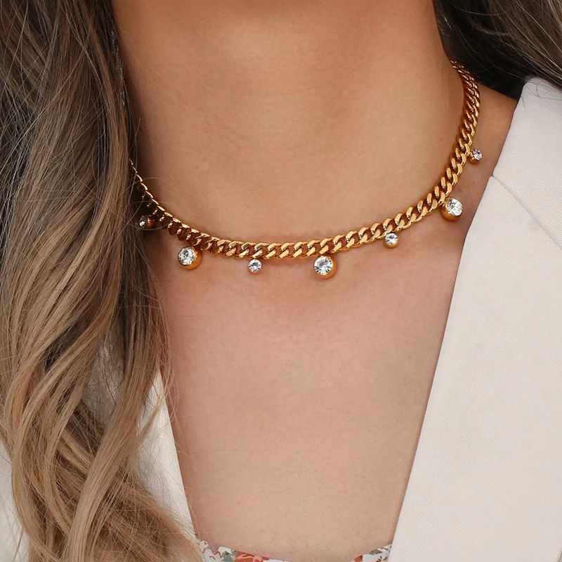 18K Gold Plated Vintage Cuban Link Chain Necklace Shining Zircon Charm Vintage  Stainless Steel 316L Choker Parties Pearl