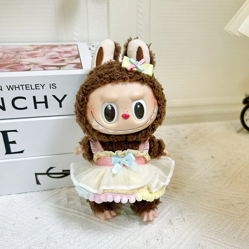 2252 17cm Pendant Blind Box Macaron Doll Colorful Ball Side Suspender Skirt Cute Dress Outfit Clothes Only Labubu