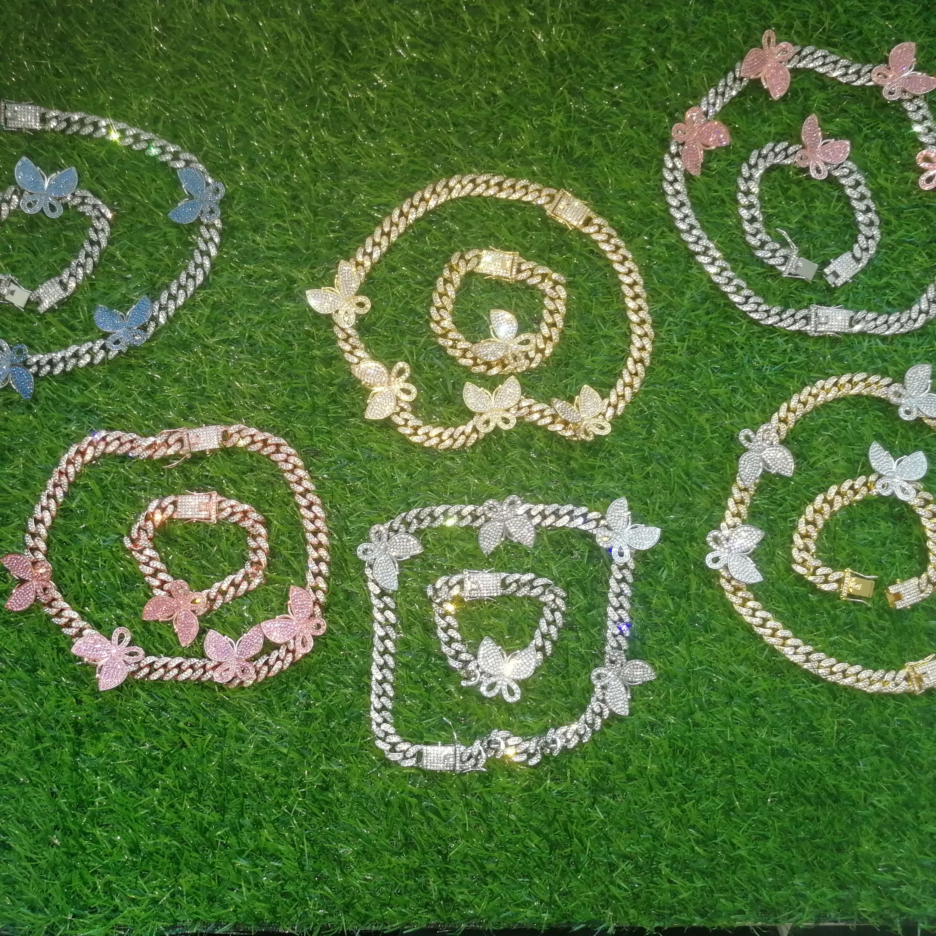 ICED OUT BLING hiphop women girl jewelry cuban link chain blue butterfly necklace