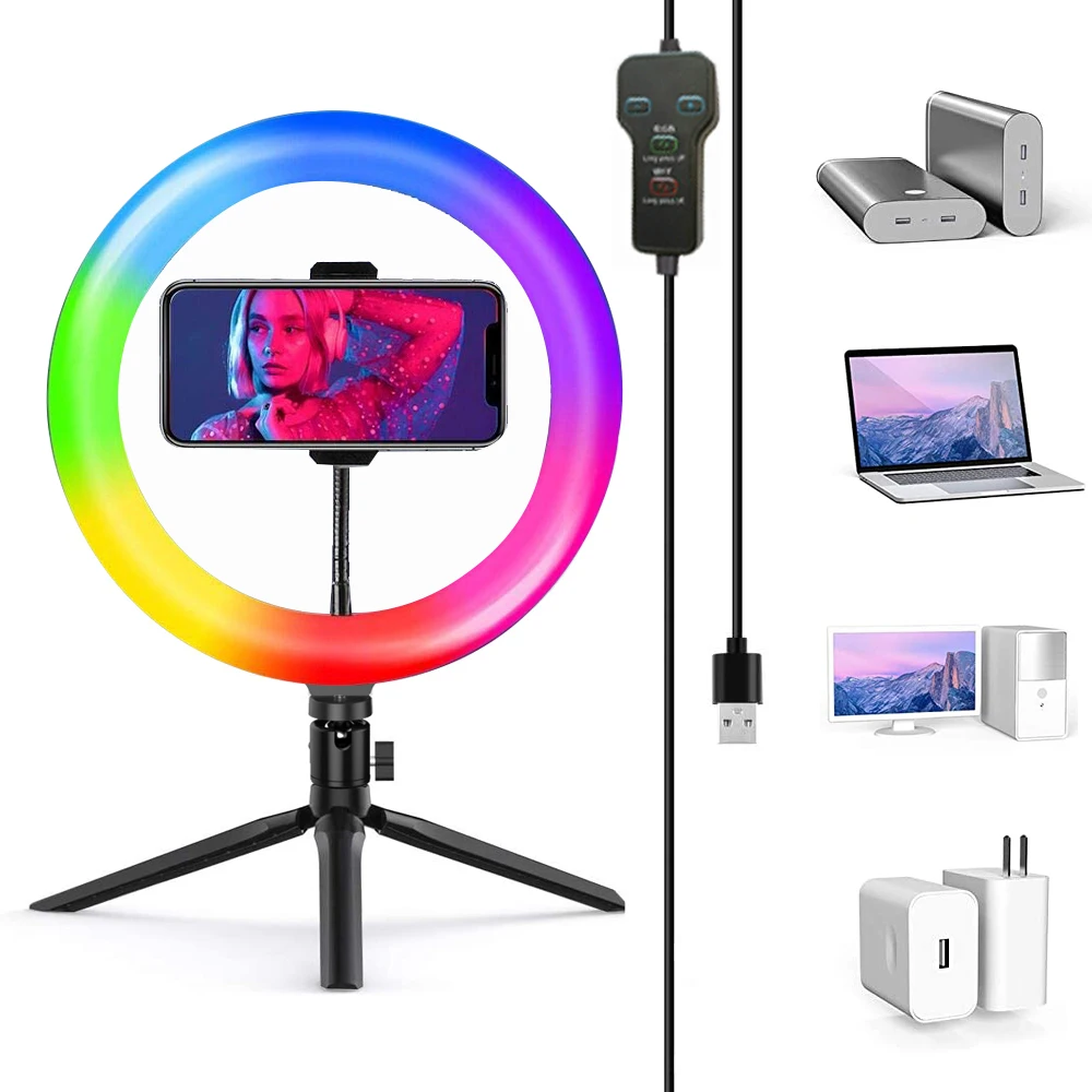 
10 inch Dimmable Selfie Ring RGB LED Circle Ring Light For Makeup Skin Care Live Broadcast mutli-media online teaching 