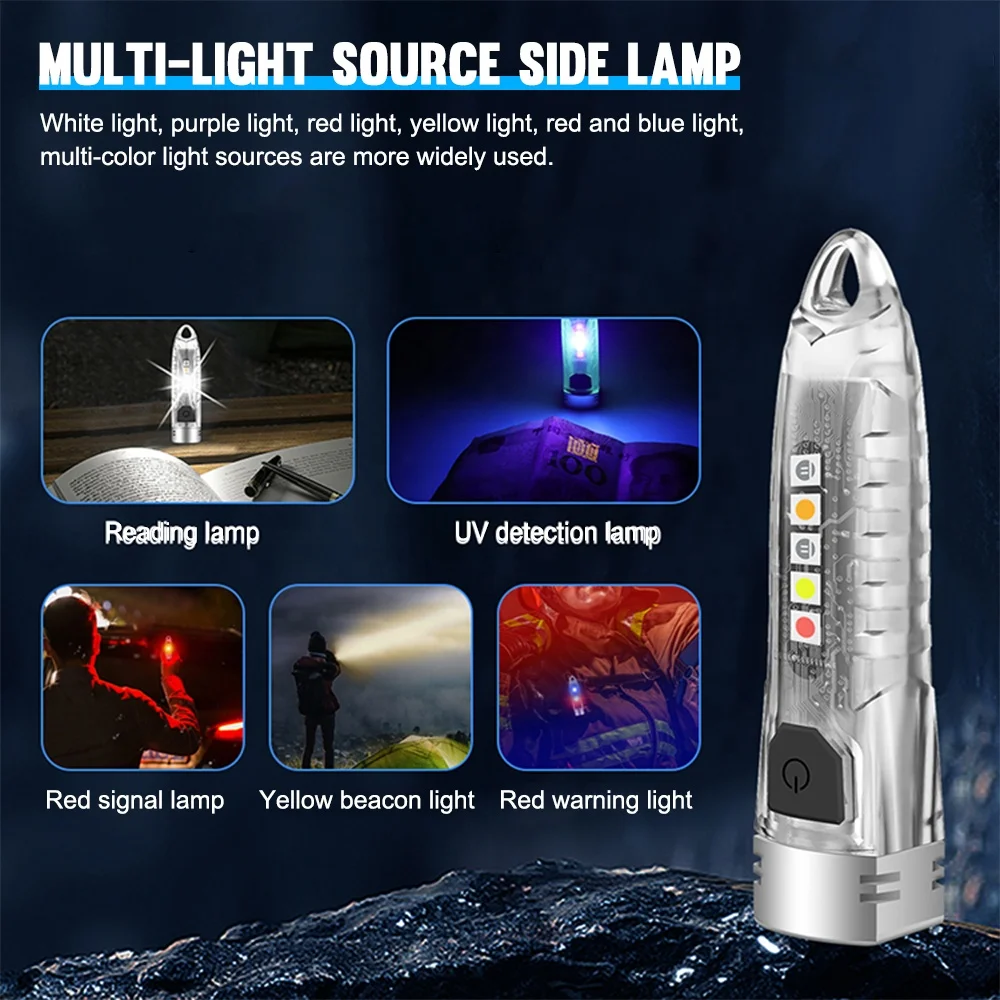 Mini keychain flashlight 12 modes rechargeable waterproof portable edc flash light 400 lumens keyring torch with yellow uv light