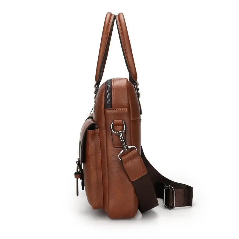 Classic male travel office work brown pu document A4 tote tablet computer pack business men leather briefcase bag customized