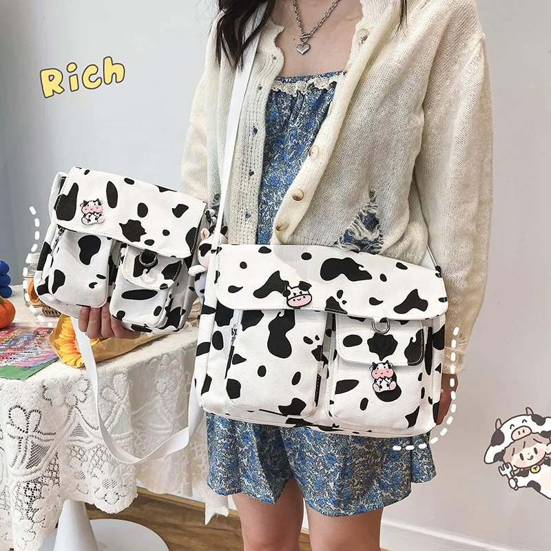 2 Size Kawaii Cute Cow Pattern Multi Pockets Bolsas Women Shoulder New Casual Crossbody Sling Messenger Handbags Bag