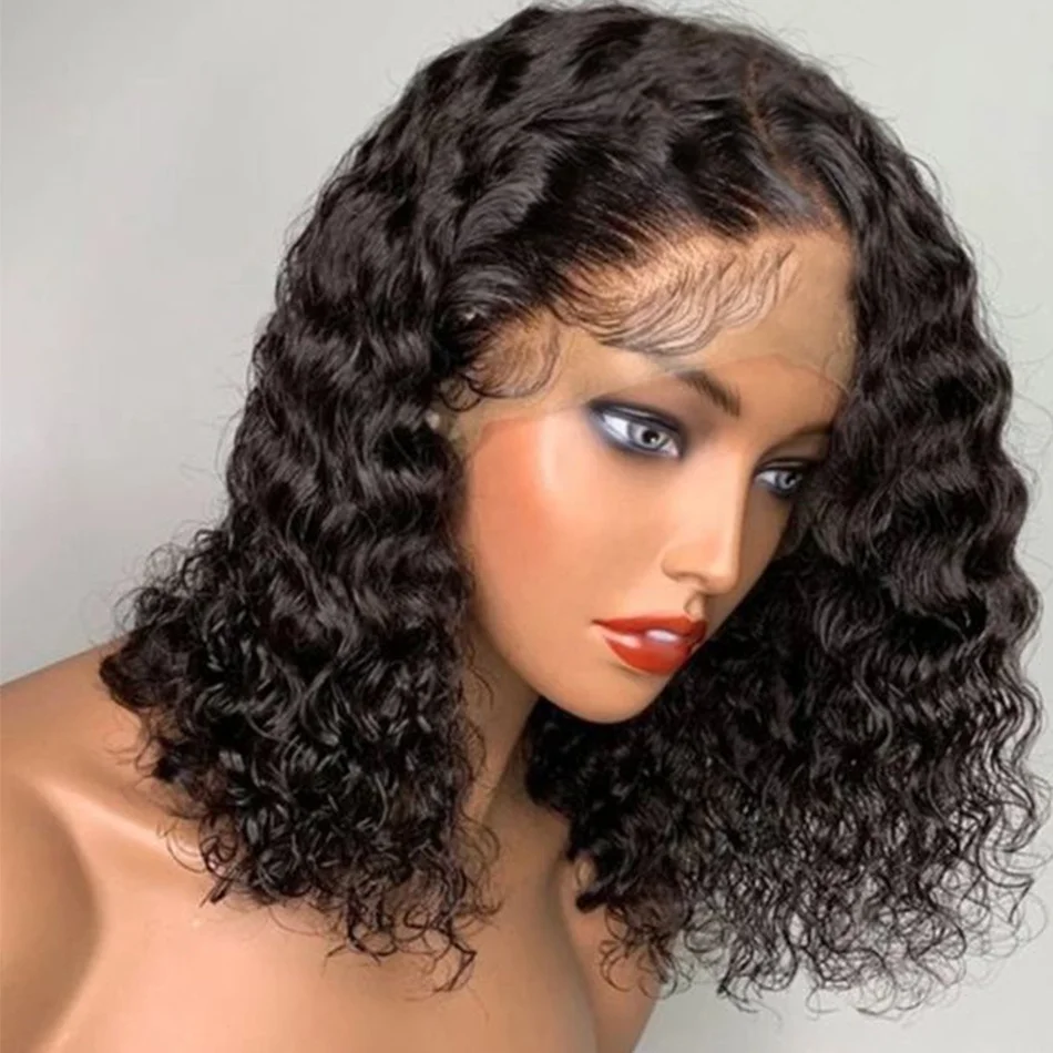 Fuxin Short Bob Wigs Human Hair Lace Front Water Wave Peruvian Transparent Lace Frontal Wigs 150% Density Short Black Bob Wig
