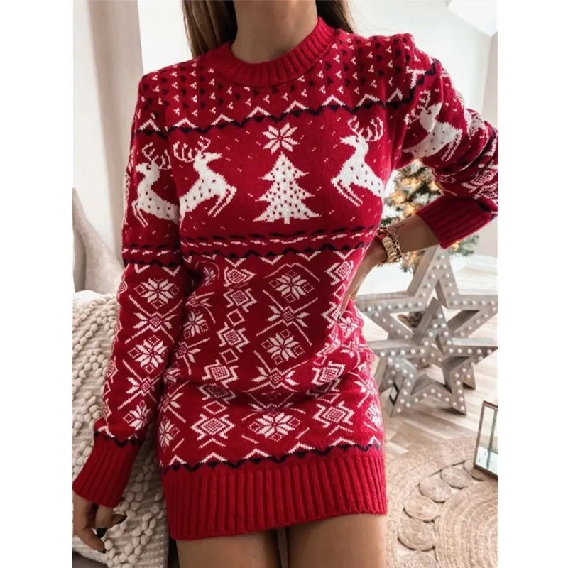 European American Tight Fitting Jacquard Long Sleeved Dress Knit Jumper Tight Sexy Christmas Sweater Women Sweaters Dress 2021