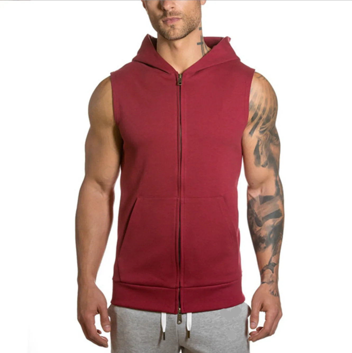 Men Traditional American Sleeveless Hoodie with hat Comfortable Summer Sweater shirts