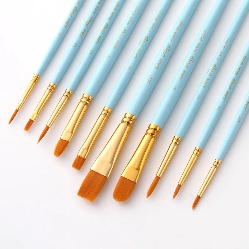 10Pcs/set Nylon Artist Paint Brush Professional Watercolor Acrylic Wooden Handle Painting Brushes Art Supplies Stationery