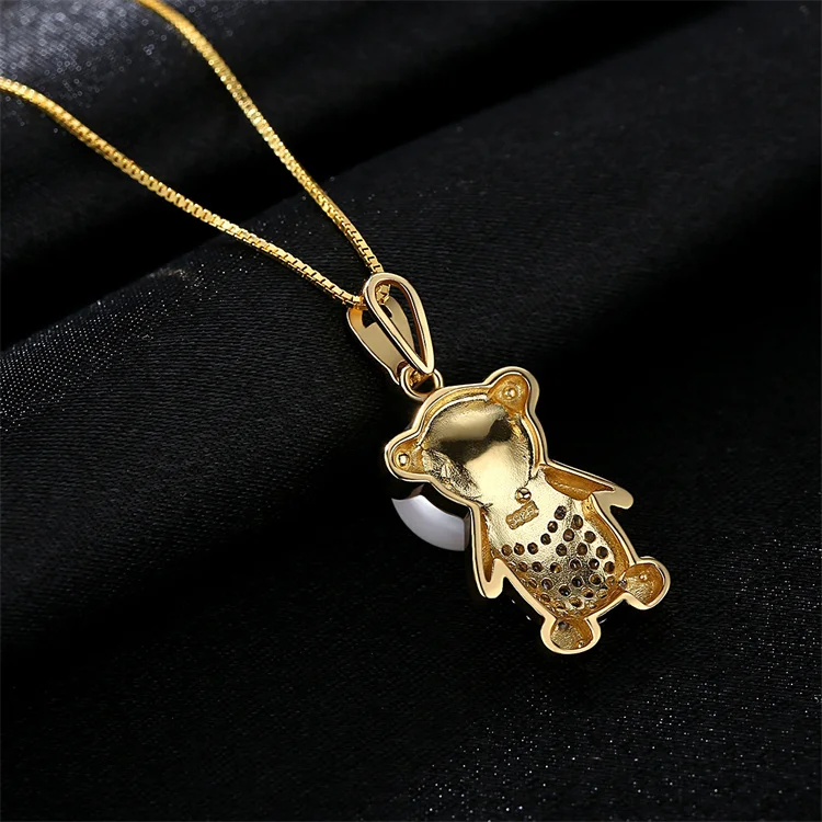 Trendy Charm Cute Bear Shape Pearl Cubic Zircon Pendant 925 Sterling Silver Box Chain Necklace For