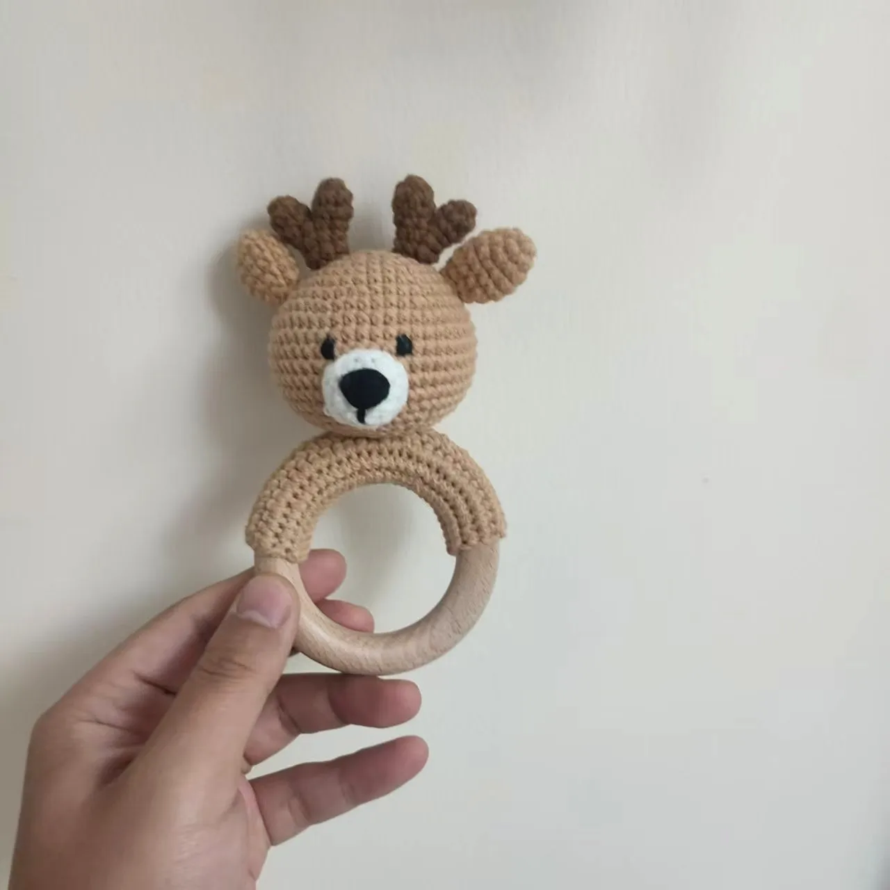 Wooden Animal Rabbit Baby Rattle Crochet Knit Bunny Teething Sensory Toys for Babies