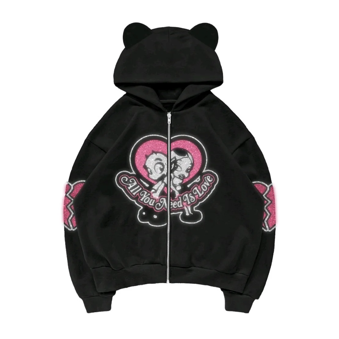 New Cute bear Rhinestone Zip Up Hoodies Women Oversized Sweatshirts Winter Jackets Streetwear Women Crop Hoodie