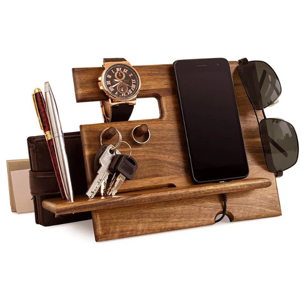 Solid Wood Phone Docking Station Key Holder Wallet Watch Wooden Stand