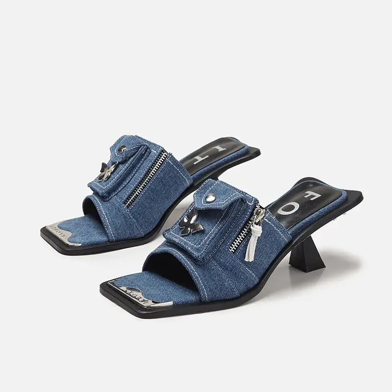 Женские джинсовые сандалии с квадратным носком