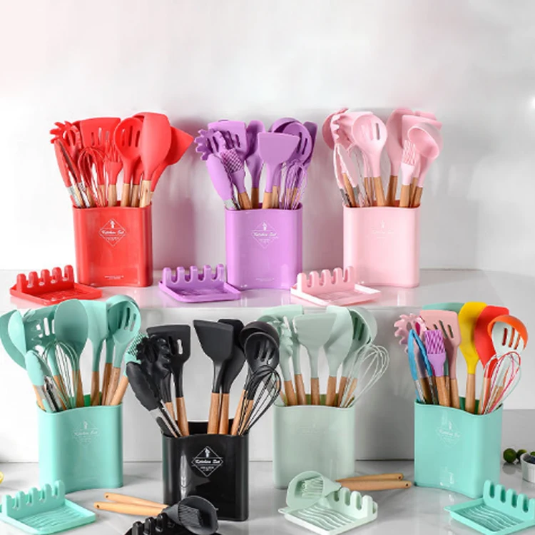 7 Color StorageWooden Handle Silicone Kitchenware Set  Cooking spatula kitchen tool set of 11 Silicone kitchen utensils