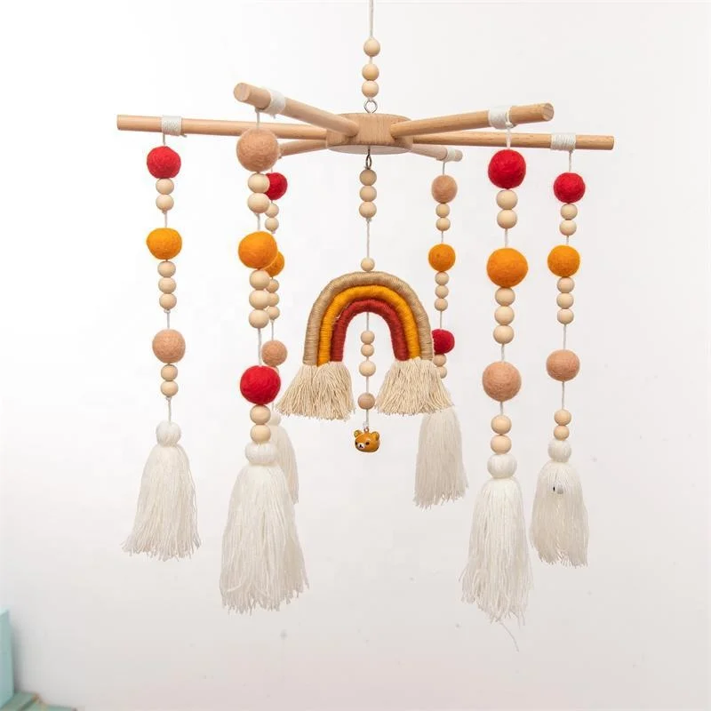 hanging music rainbow baby mobile cot toy baby felt wooden mobile for girl and boy