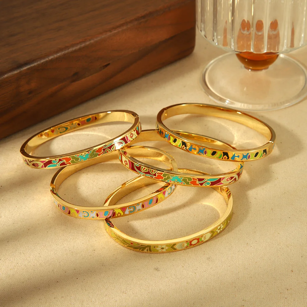 Custom manufacture colorful open enamel bangle wholesale fashion women 18k gold plated stainless steel enamel cuff bangle