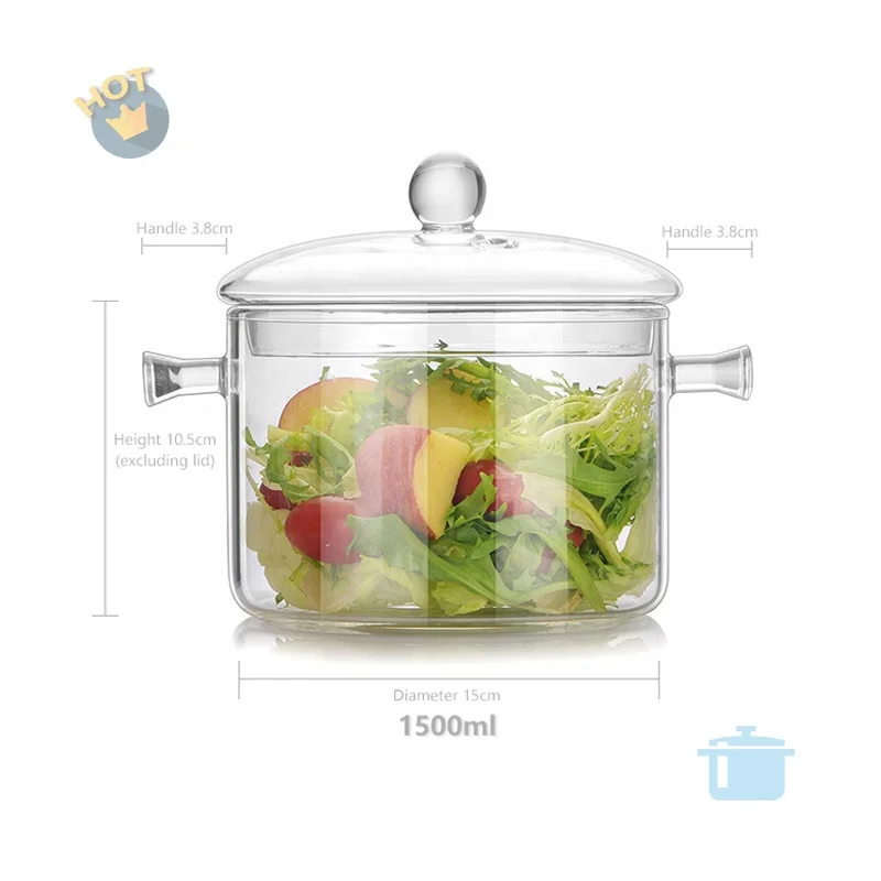 Прозрачный стеклянный кастрюля для приготовления пищи 1500 мл, термостойкая стеклянная кастрюля