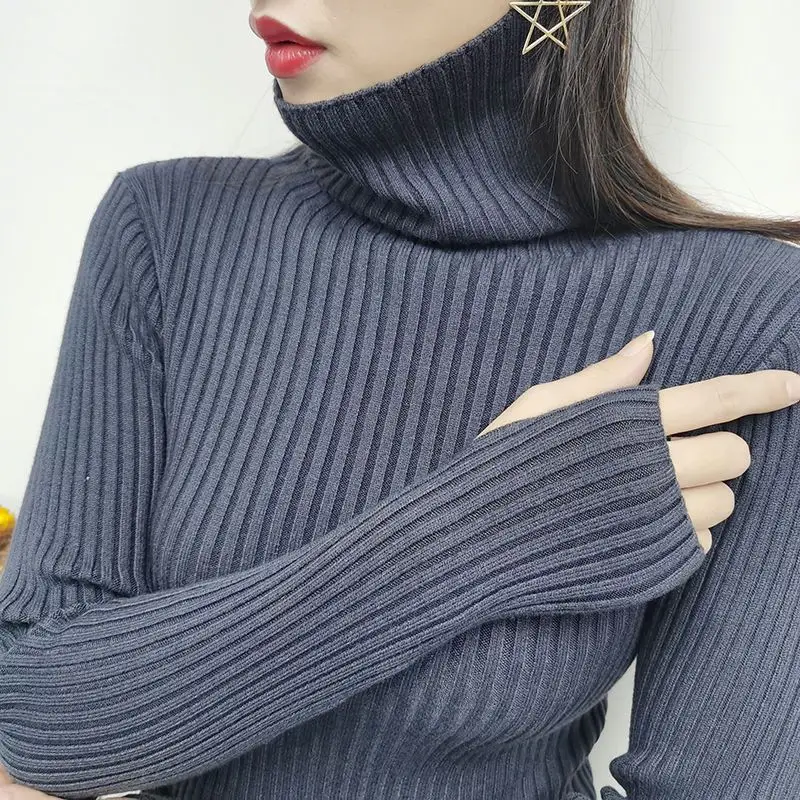 Women Sweater Winter Slim Fit Pullover Warm Jumper Thumb Hole Korean Style Turtleneck Solid Color Knitted Sweater