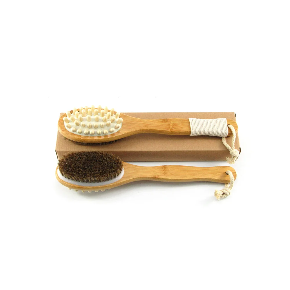Wholesale Double Sided Bamboo Long Handle Exfoliating  Body Scrubber Horse Hair Bath Brush