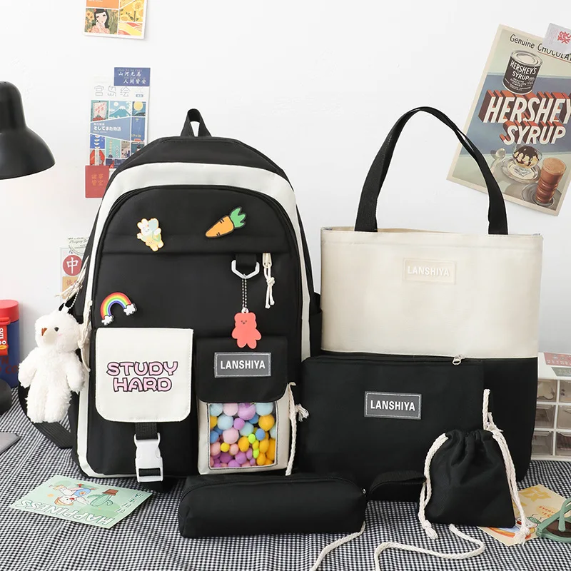 5 as One Set New Style High Junior School Bags Students Backpack Shoulder Bag for children