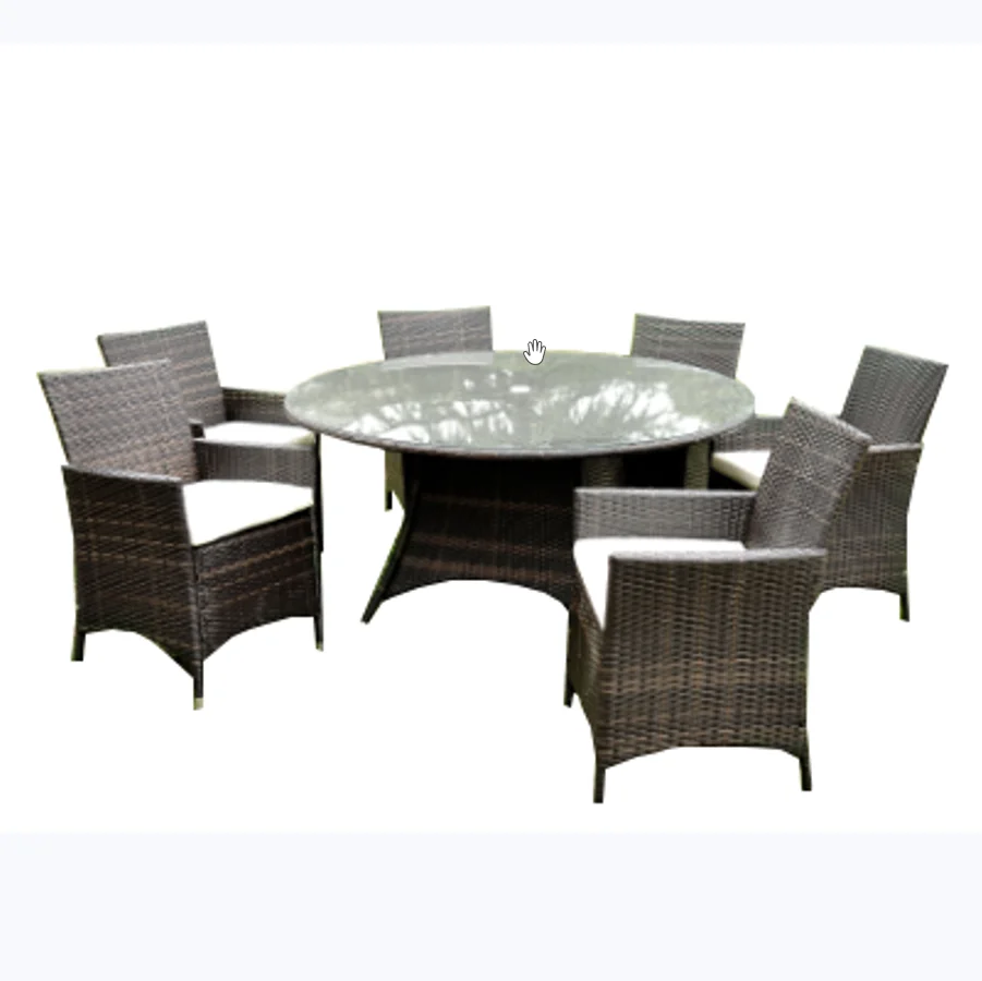 Outdoor garden six-seater glass-topped round rattan dining table set