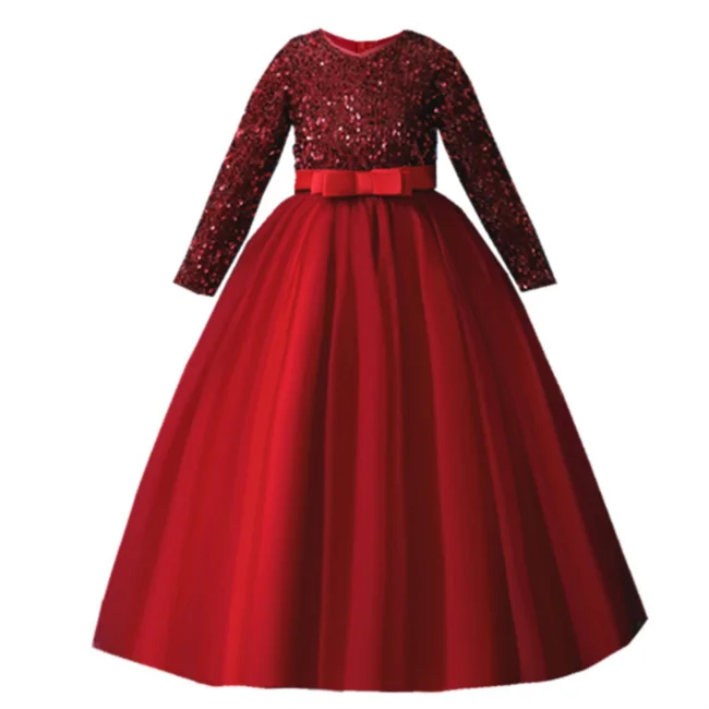 SE9688 New Sequin princess dress kid red wedding gown for dresses for girls of 10 year old long sleeve  girls party dress
