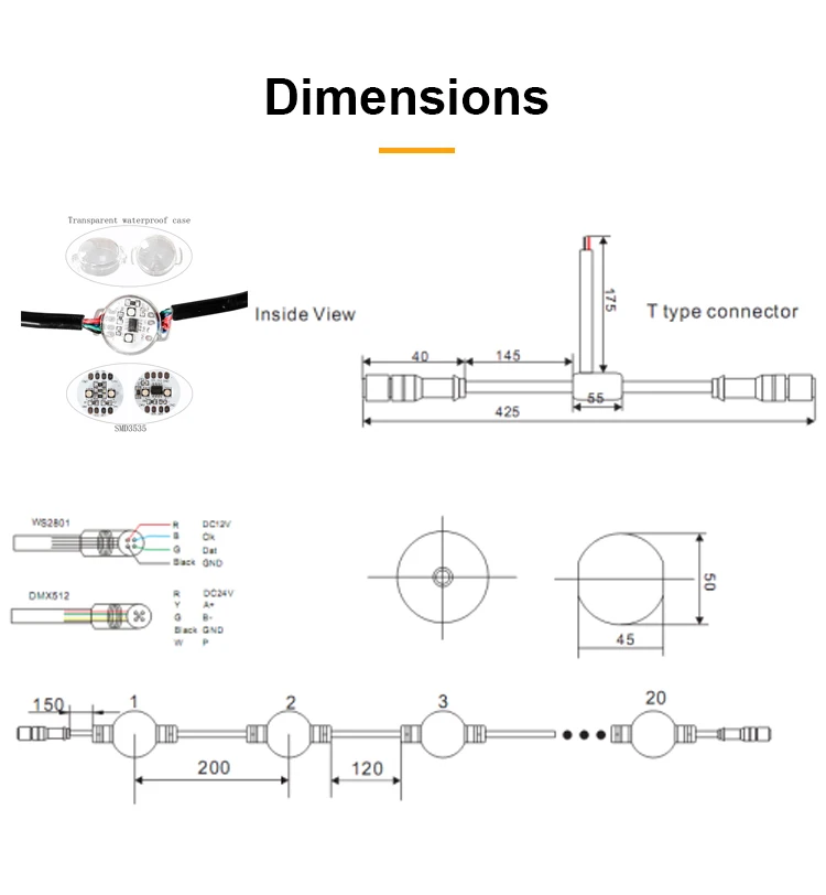 Waterproof 360 Degree Emitting 50mm Diameter Round Dc24v Dmx Pixel Led String Lights 20pcs/string led ball dmx light 