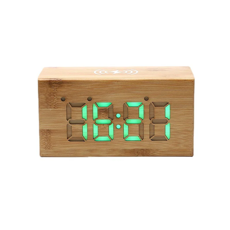 Bamboo Digital Desktop Alarm Led Wooden Table Clock with Wireless Charger