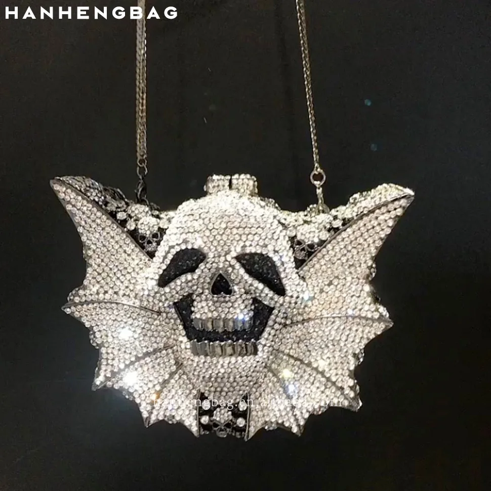 High Quality Clutch Handbag Purses Rhinestone Purse Diamond Skull and Bat Evening Bag