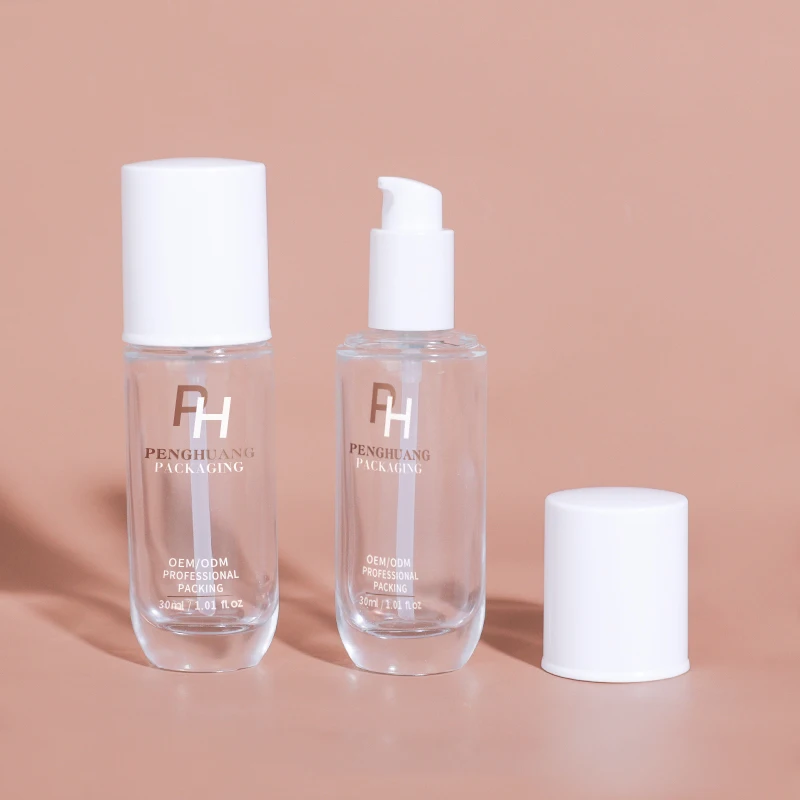 Custom Cosmetics Packaging Container 30ml Clear Foundation Lotion Pump Bottle Empty Flat Round Makeup Liquid Glass Bottles