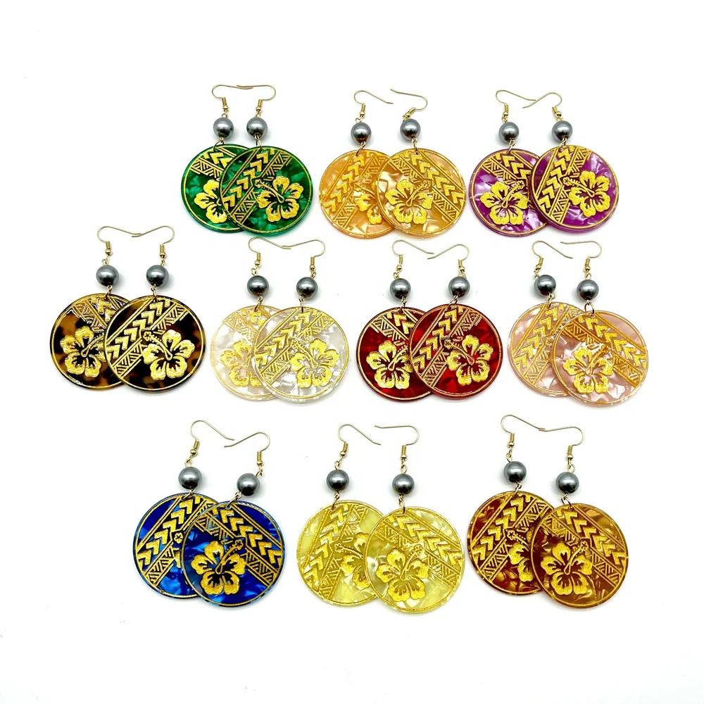 Oceanies Pacific Islander Fashion Jewelry Earrings Acetate Acrylic Earrings with Gold Flowers Tribals Carved Earrings