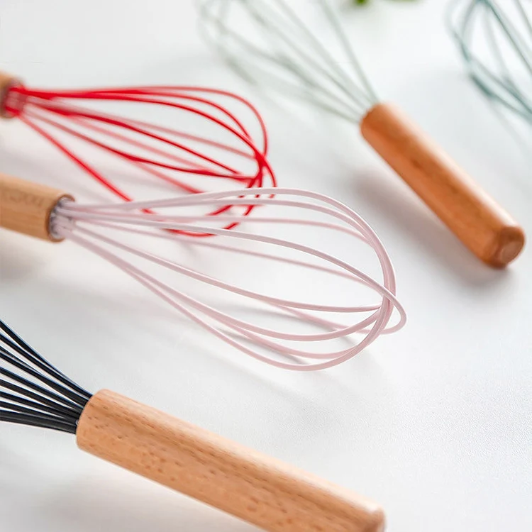 Kingwise Wholesale High Quality Baking Cooking Tools Manual Silicone 10 Inch Whisk Egg Beater With Wood Handle