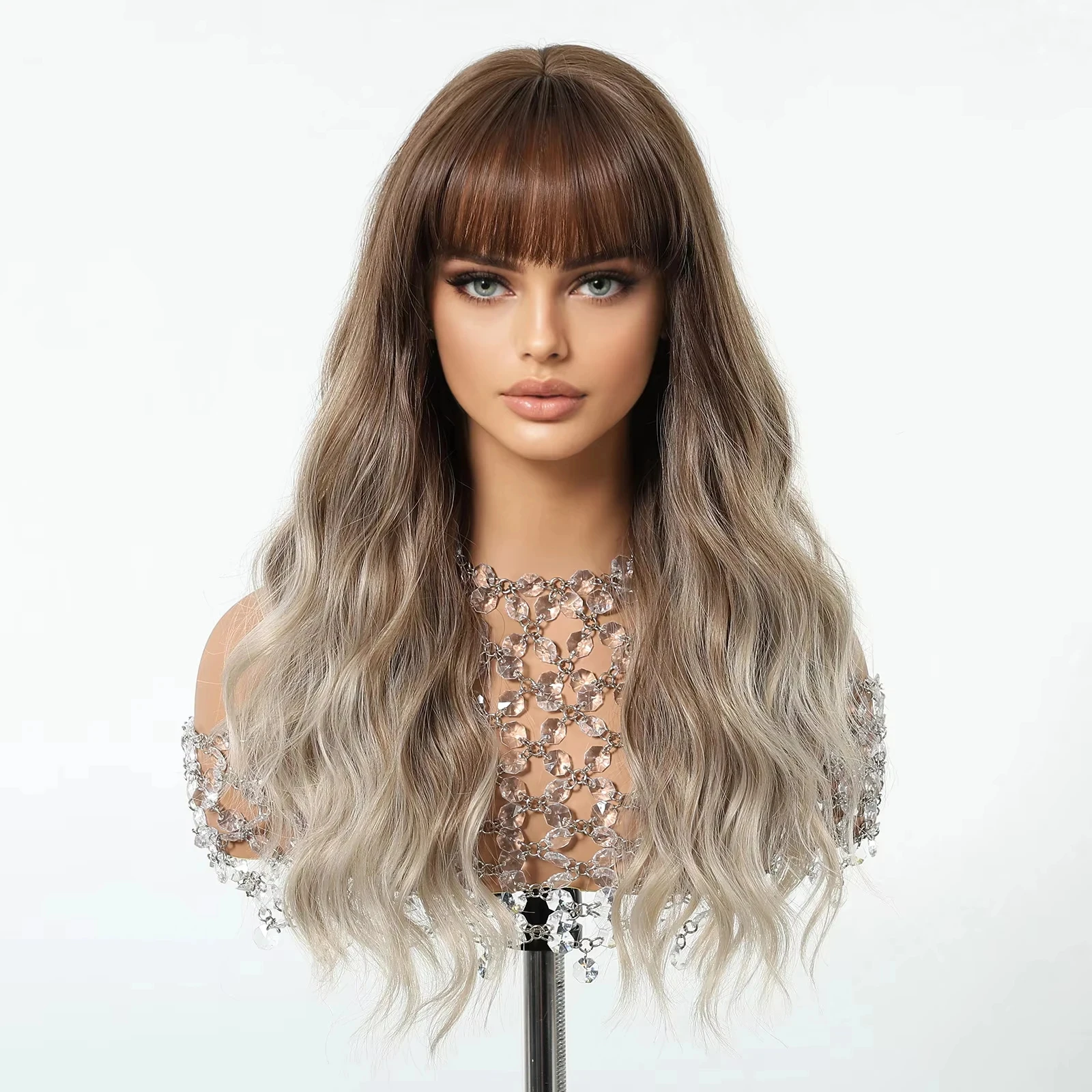 Ash Brown Synthetic Wigs Long Water Wavy Wig Soft Ombre Hair for Daily Party Heat Resistant Wig for Women Cosplay Use