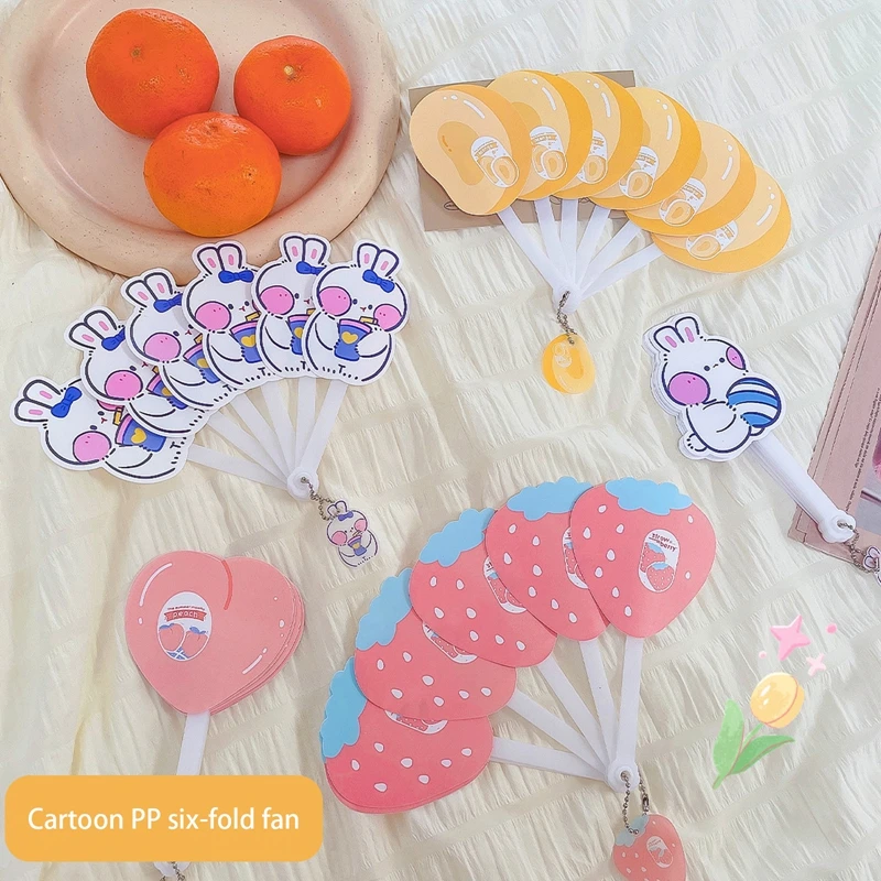 Summer Cute Small Six Fold Fan Portable Cartoon Rabbit Fruit Pear Peach Lemon Mini Student Children Plastic Hand Folding Fan