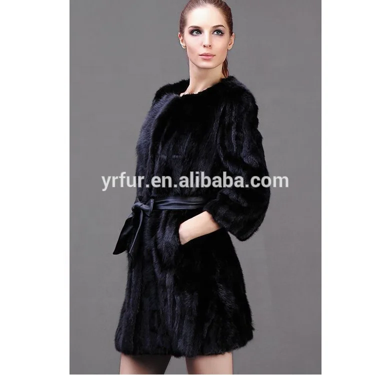 YR762 Factory Direct Formal O-neck Fur Coat Black Long Mink Fur Coat For Women