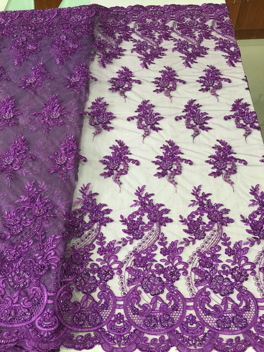 high quality purple beaded lace fabric heavy hand embroidered beaded tulle lace evening dress fabric wholesale, shaoxing fabric
