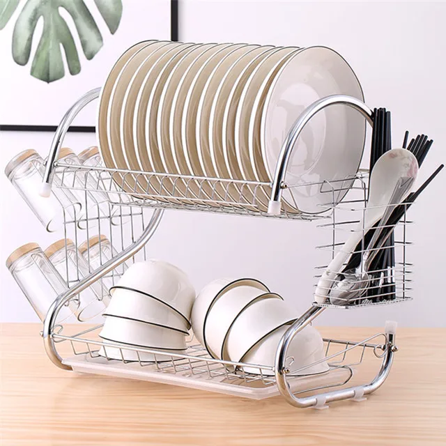
Multifunctional S-shaped Dual Layers Bowls & Dishes & Chopsticks & Spoons Rack With 2-Layer Dish Rack And Dish Drainer 