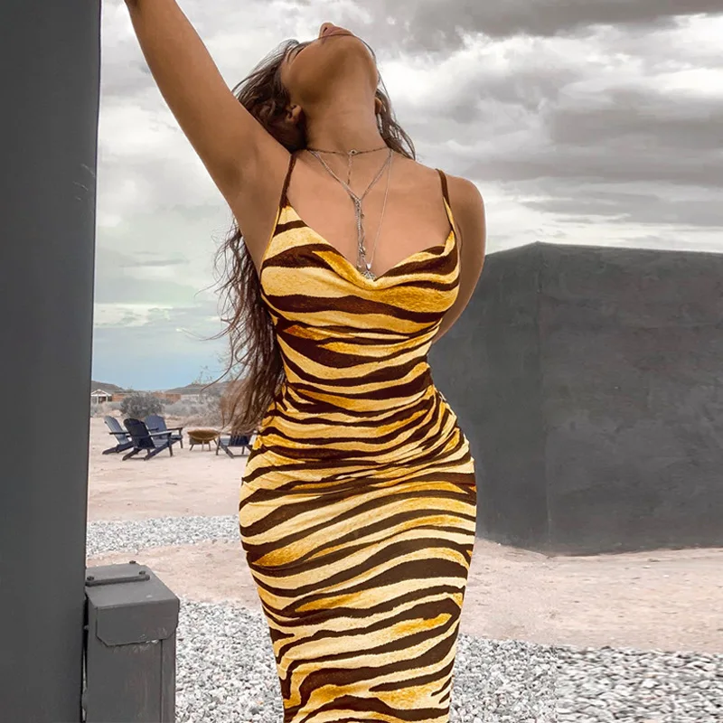 Leopard Multicolor Zebra Skin Print Summer Sexy Women Cami Long Dress Spaghetti Strap Sleeveless Party Slim Bodycon Dresses