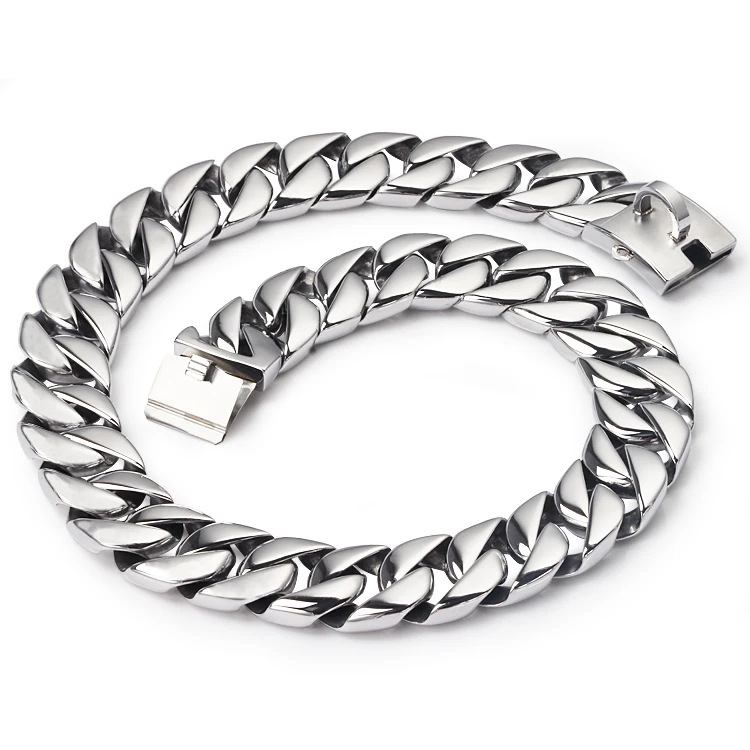 Custom logo stainless steel metal locking bling 32mm big gold cuban link chain bully pitbull dog collar