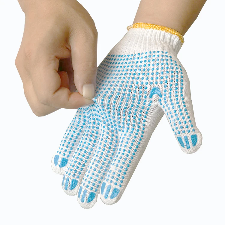 Wholesale Abrasion resistant and Anti-slip Blue PVC dots Natural White Cotton String Knit Glove