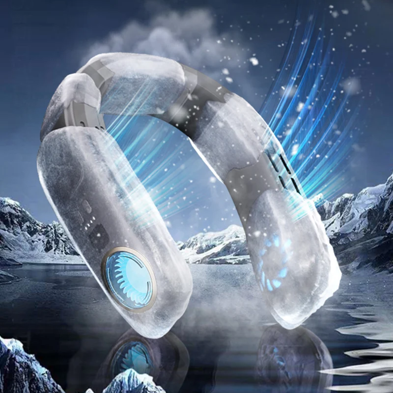 Custom Logo Cooling Bladeless Hand Free Hanging Ice Compress Neck Fan Rechargeable Cooling Air Conditioner Neck Fan with Ice