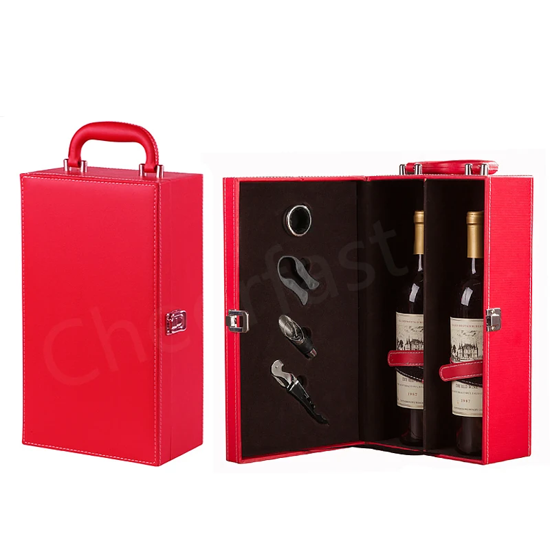 Pretty Wine Bottle Pu Leather Red Color Double Package Wine Set Gift Box Packaging