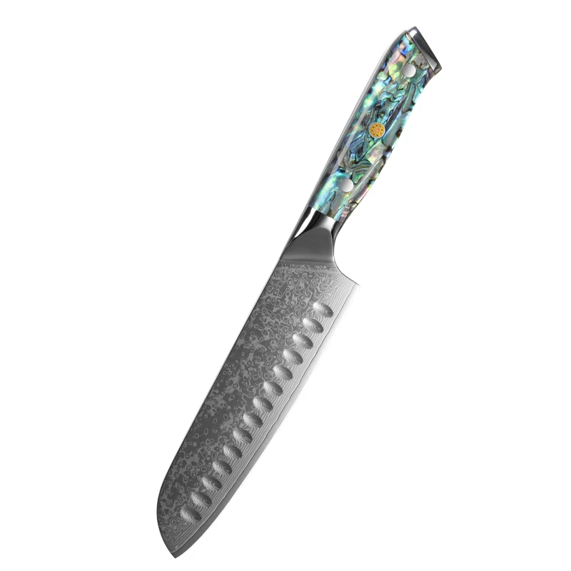 china goods wholesale 67 story damascus santoku knife with carbon fiber gold foil handle