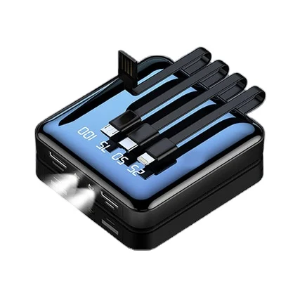 20000mAh  4 in 1 Mini Power Bank  with LED Flashlight display Portable Charger Fast Charging built-in cable For Iphone Xiaomi