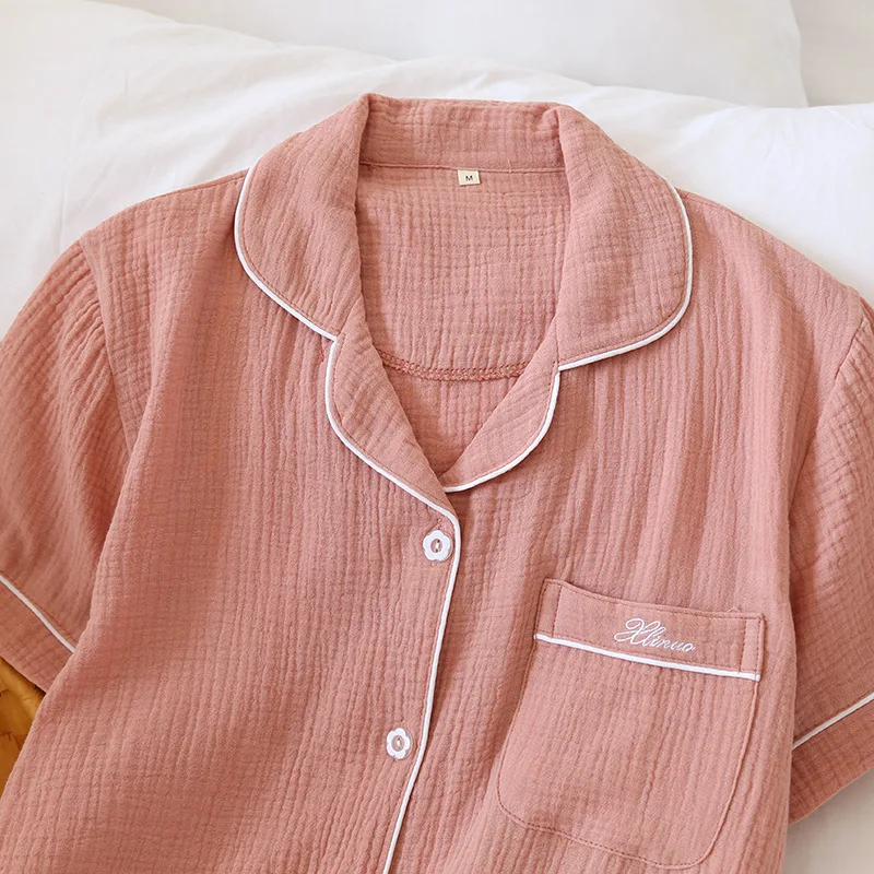 
Couple 100% Cotton Pajamas For Women Summer Short Sleeve Tops + Shorts Men Home Suit Solid Loose Homewear Female Sleepwear Set 