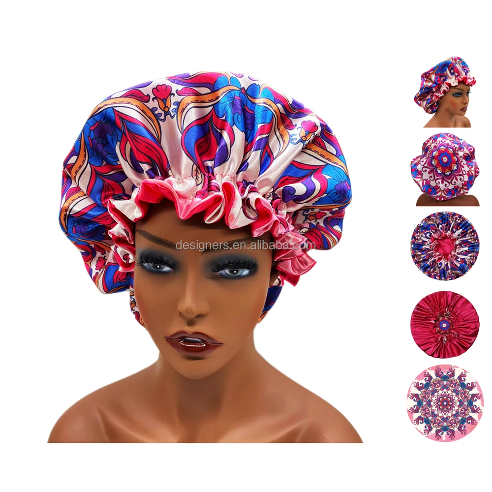 Wholesale Reversible double layer popular sleep cap Adjustable satin hair Drawstring jumbo bonnets for women
