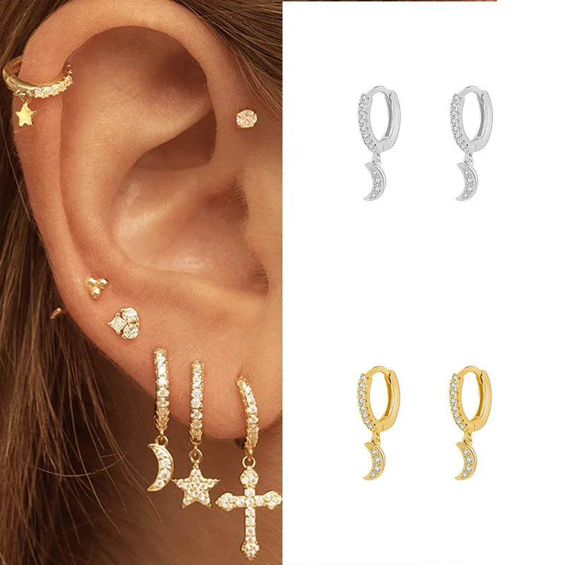 Go Party High Quality Zircon Diamond Circle Huggie Hoop Earrings Copper Real Gold Plated Moon Ear Clip Charm Pendant Earrings